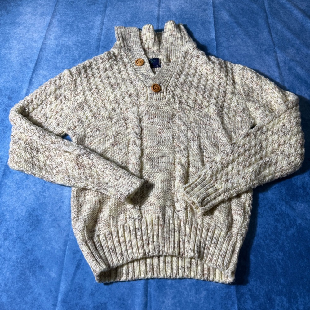 Vintage Puritan Great Outdoors Cable Knit Shawl Collar Sweater Cream Marl Mens M